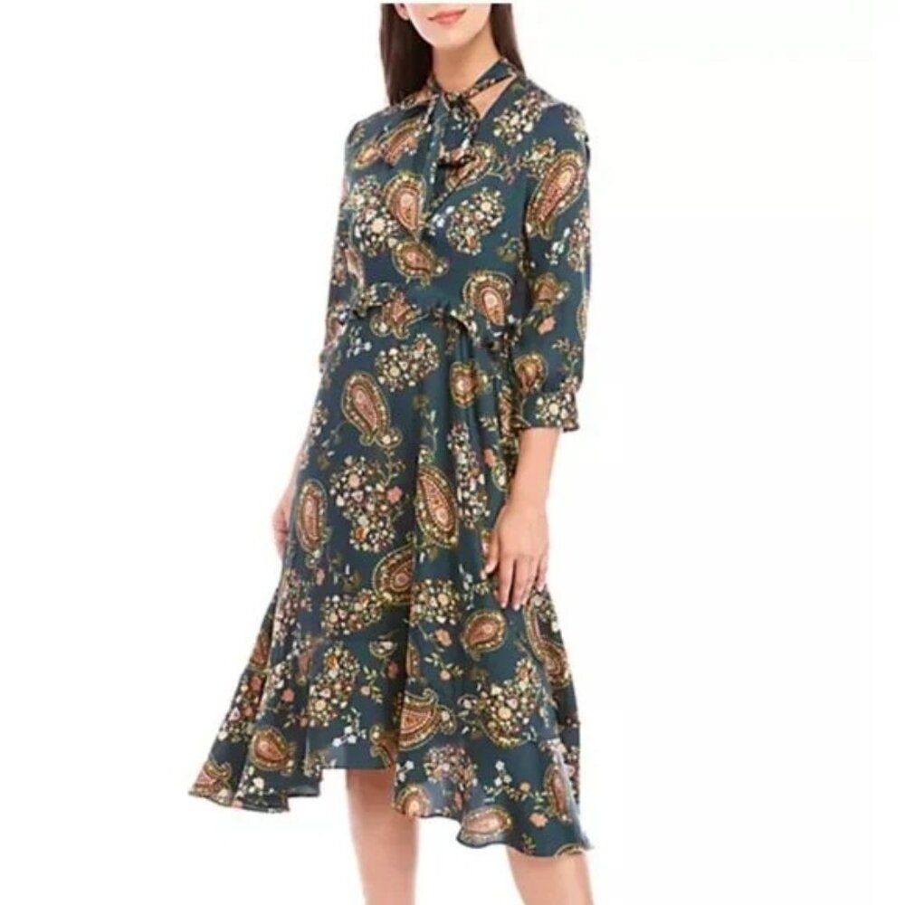 Julia Jordan 3/4 Sleeve Tie Neck Paisley Chiffon Midi Dress Green Women's 8